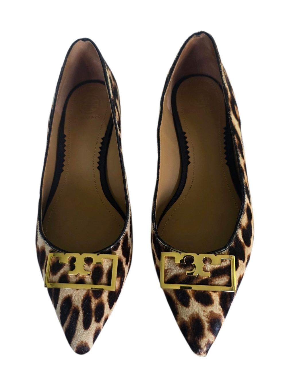 Tory Burch Gigi Ballet Flats Leopard Calf Hair Print Gold Logo Without Box